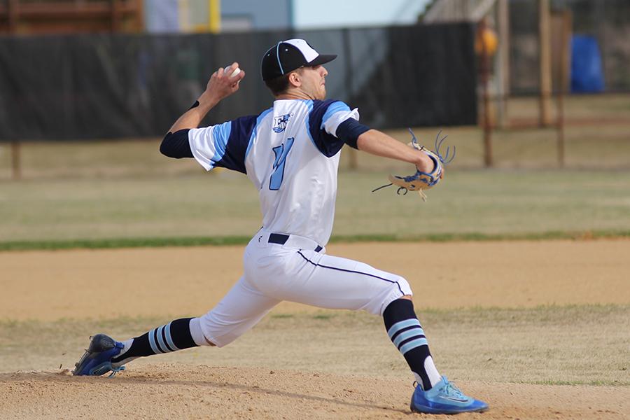 Lefty Ryan Gallaccio delivers a pitch during a spring game against Currituck. Gallaccio is looking forward to continuing his baseball career in college. PHOTO BY MICHAELA KELLY/NIGHTHAWK NEWS