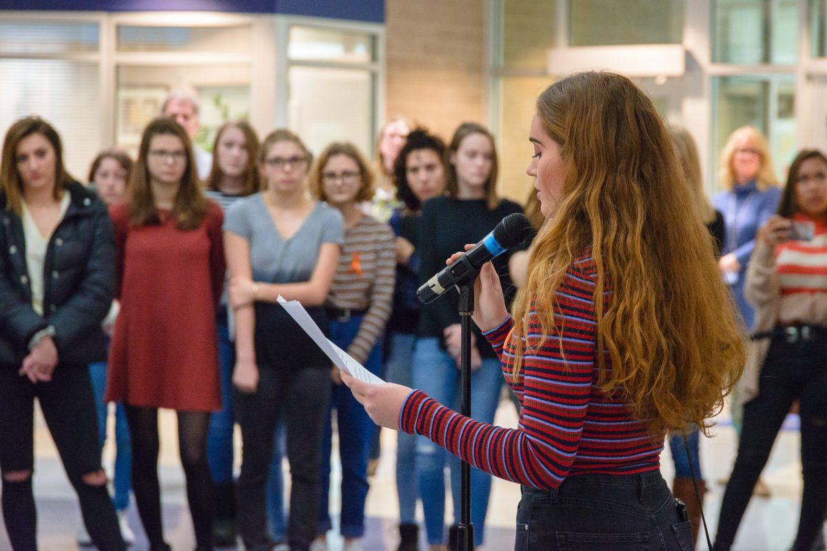 Senior Arabella Saunders speaks at the First Flight walk-out in the rotunda on March 14. PHOTO BY AARON JENNINGS/Special to Nighthawk News