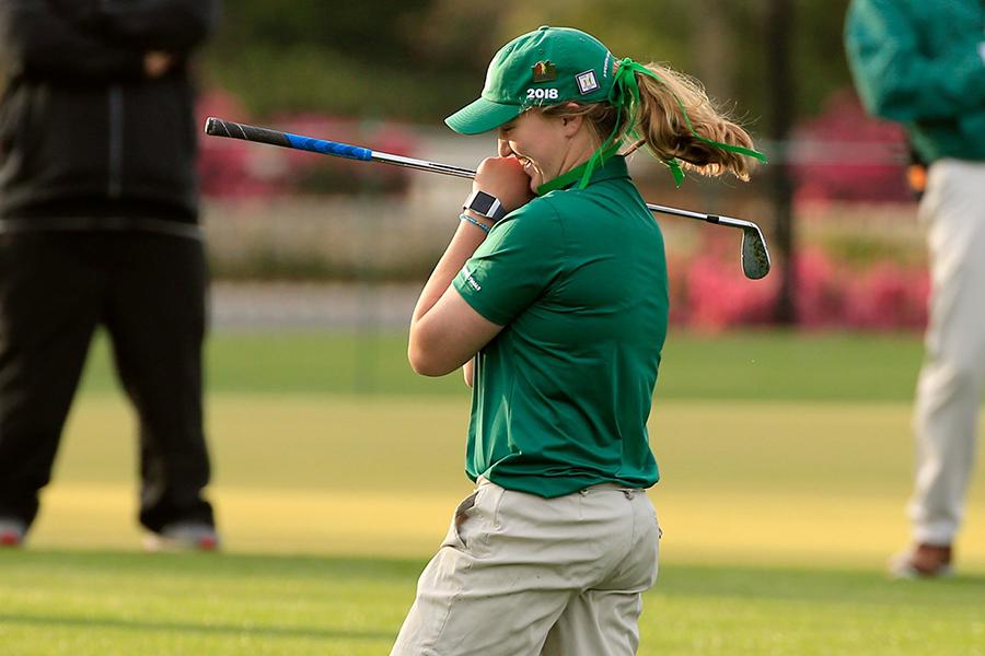 Freshman Katherine Schuster reacts to a shot during the chipping portion of the national finals, which were broadcast live on The Golf Channel. Photo provided by Drive, Chip and Putt