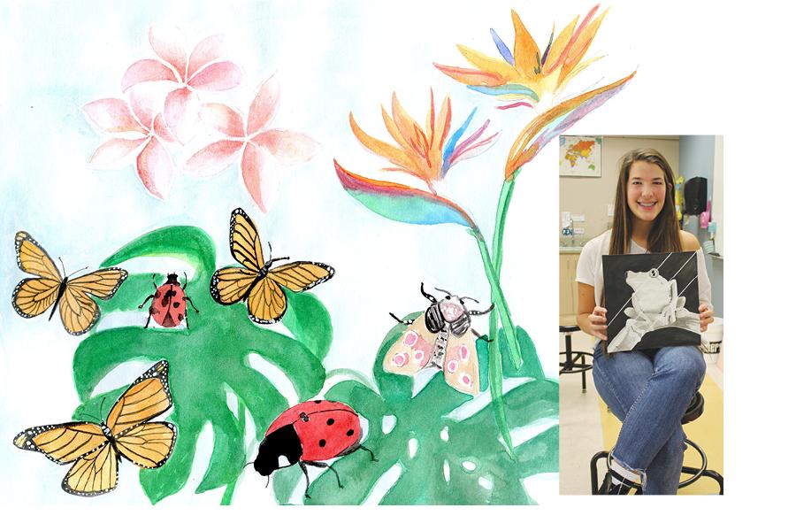 Junior Eliza Cowan shows off one of her favorite paintings. Artwork by Eliza Cowan/Photo by Madison Murry/Shorelines Yearbook