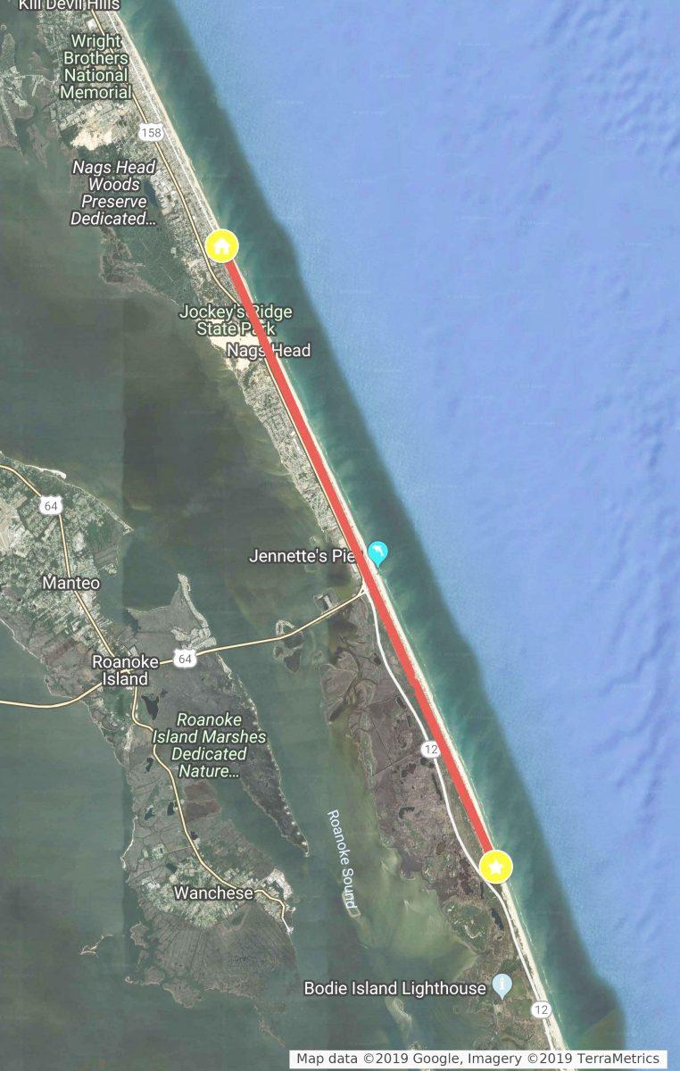Beach nourishment (red line) will begin at Bonnet trees (home icon) and extent 10 miles to the Nags Head town boundary (star icon). MAP BY Emmy Trivette & DAIR MCNINCH / Nighthawk News