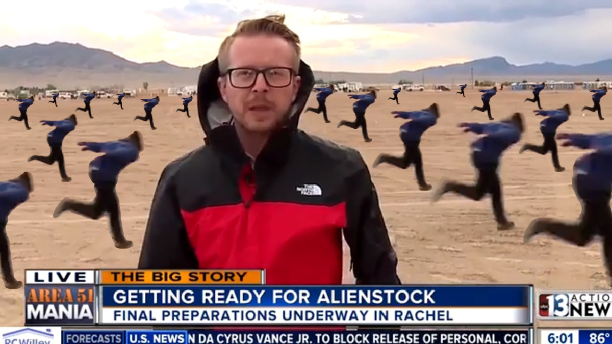 Just as the Action News 13 reporter arrives on scene of the Area 51 raid, Naruto runners begin their advance on the military base, running in perfect unison. The poor unknowing reporter was too overwhelmed by the amount of Narutos to take shelter amid the war zone. PHOTO ILLUSTRATION BY MICHAEL PEARSON/Nighthawk News