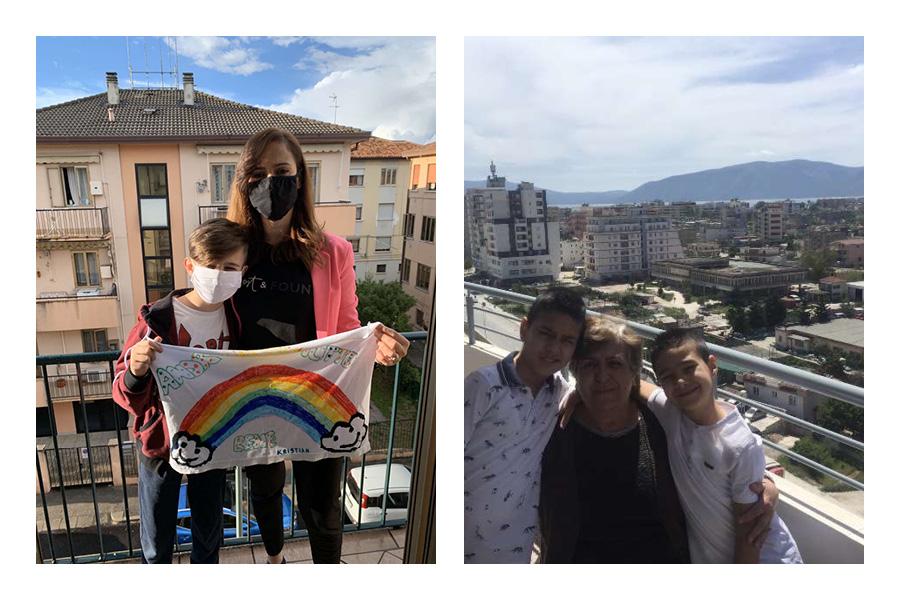 (Left) Marinela Spahaj and her son, Krisitian, pose for a picture with one of Krisitian's quarantine art projects. They both have been greatly affected by COVID-19 in Venice, Italy. (Right) Valentina Mehmetaj and her grandchildren, Mateo and Enri, have also been affected by COVID-19 in the small country of Albania. PHOTOS SUBMITTED BY KEJSI ZYKA/Nighthawk News