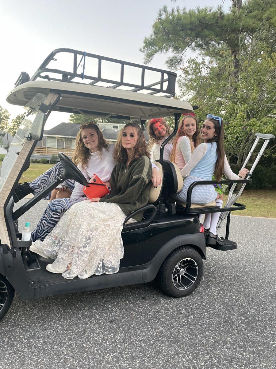 At a Halloween celebration last year, FFHS students (from left) Sadie Wilkinson, Lainey Greenwood, Ella Laws, Abby Wallace and Lucy Stecher enjoy a fun time together. Many students wish for time off to go all out on Oct. 31. SHORELINES FILE PHOTO